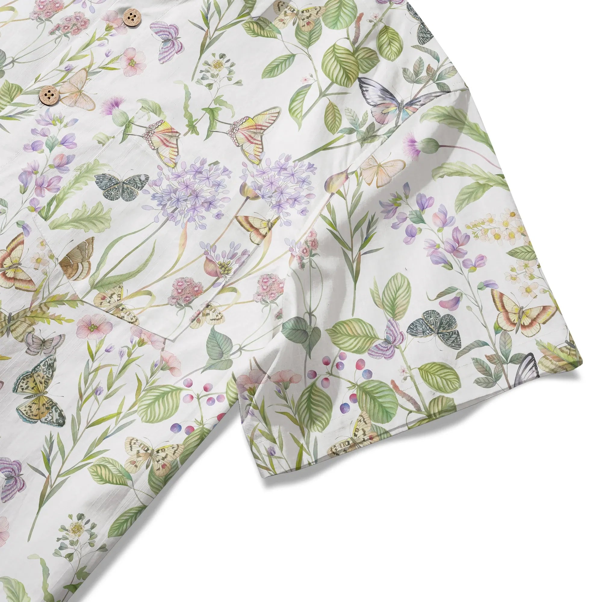 Detailed view of floral fantasy pattern on shirt