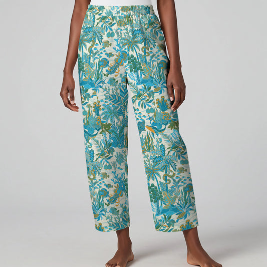 Women Casual Ankle Pants Lounge Elastic Waist with Pockets 93% Lyocell, 7% Linen Blue Aloha Fantasy Paradise