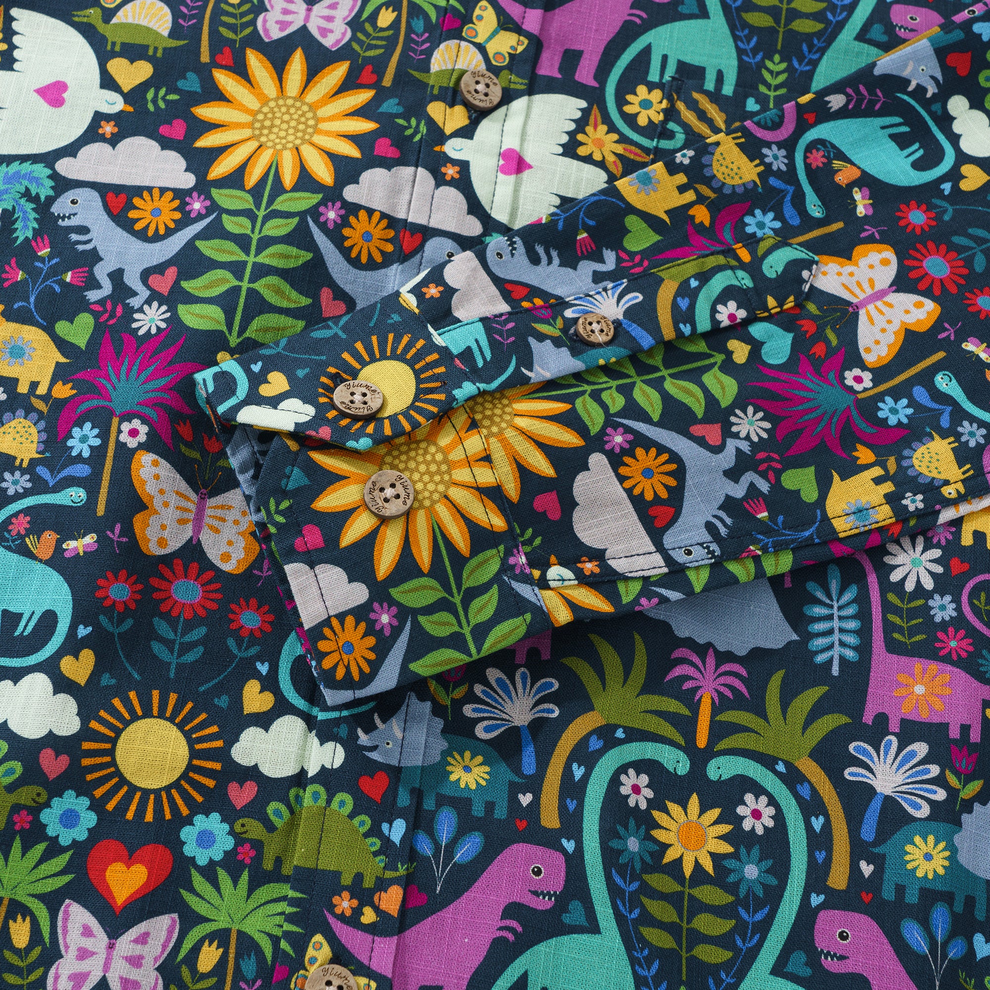 Peace Love and Dinosaurs By Cecca Designs 100% Cotton Men's Aloha Hawaiian Long Sleeve Button-down Shirt