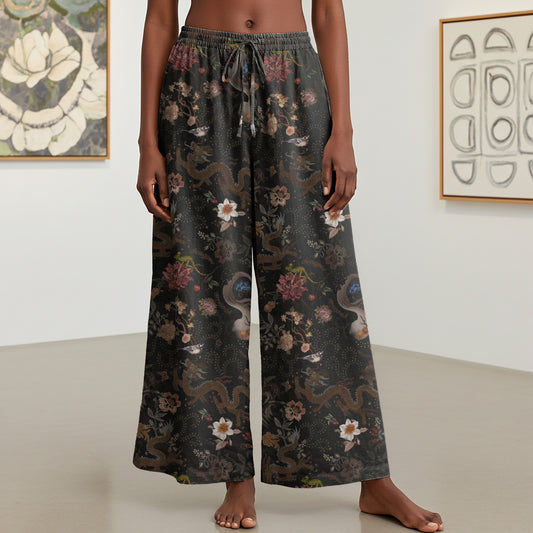 Women Casual Pants Lounge Elastic Waist Drawstring with Pockets 93% Lyocell, 7% Linen Black Aloha Ink Charm Eastern Dream