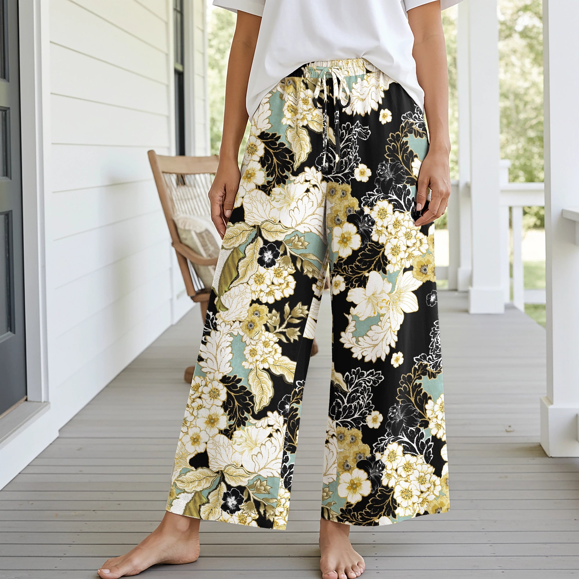 Women Casual Pants Lounge Elastic Waist Drawstring with Pockets 93% Lyocell, 7% Linen Black Aloha Golden Floral Design