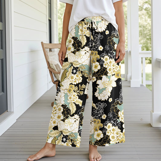 Women Casual Pants Lounge Elastic Waist Drawstring with Pockets 93% Lyocell, 7% Linen Black Aloha Golden Floral Design