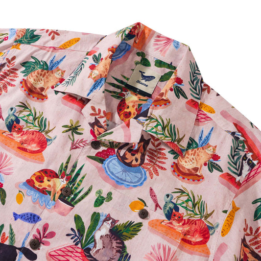 Men's colorful Hawaiian shirt with cat print, short sleeve