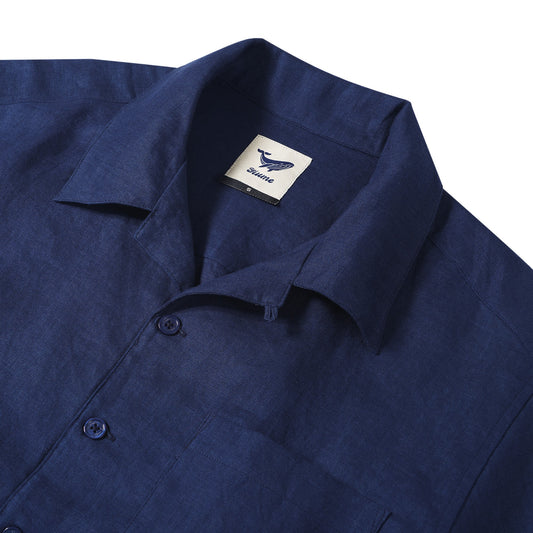 Solid navy blue linen shirt for men, short sleeve