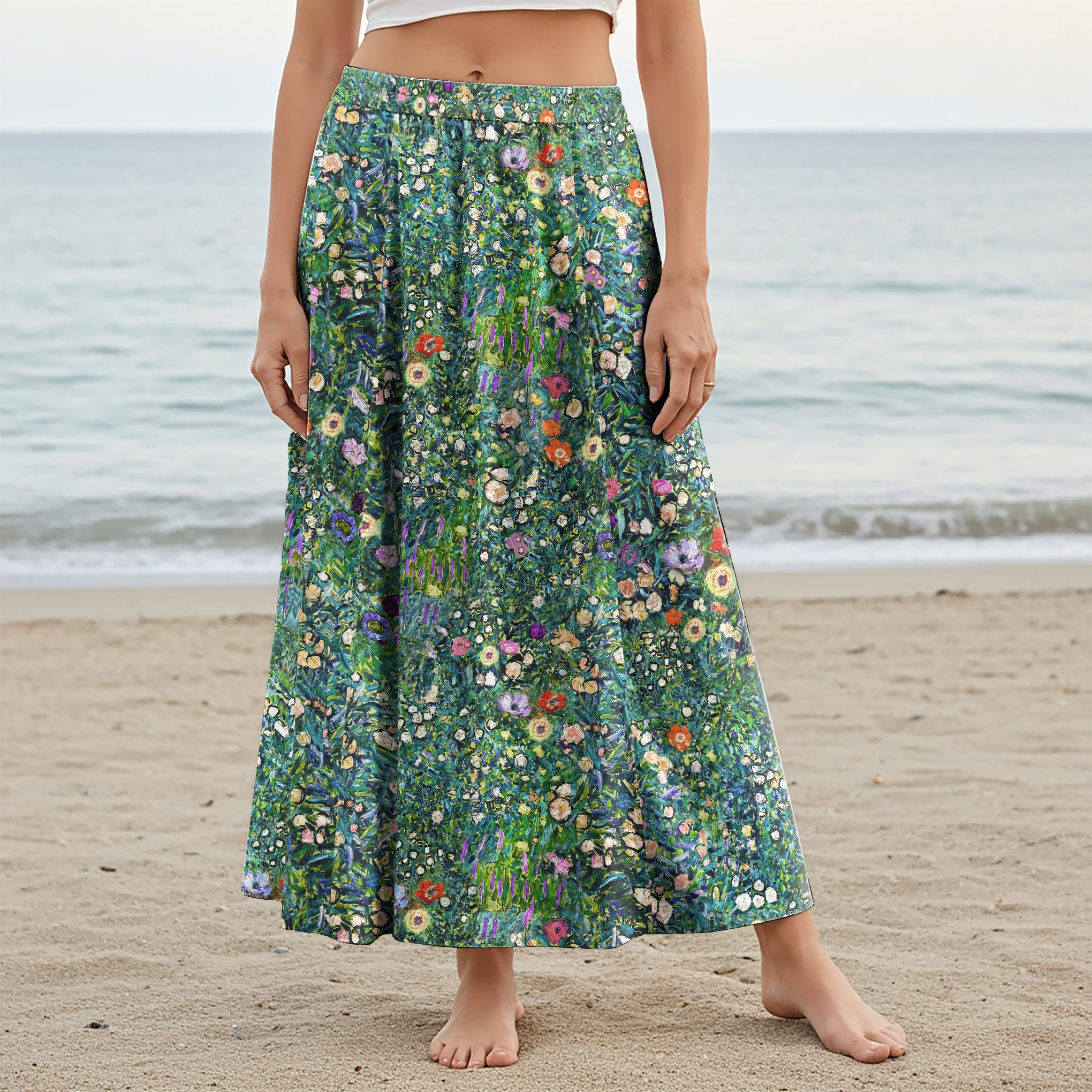 Women Casual Maxi Skirt Long Elastic Waist with Pockets 100% Cotton Green Aloha Artistic Garden