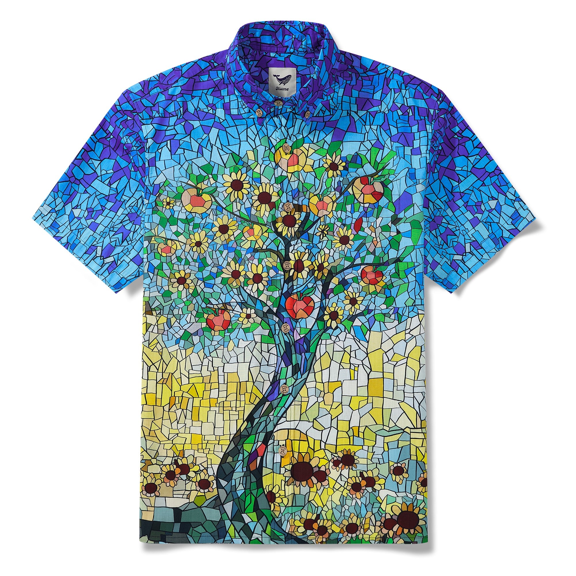 Men’s Blue Hawaiian Shirt – Orchard & Stained Glass Print 100% Cotton Short Sleeve Aloha Shirt