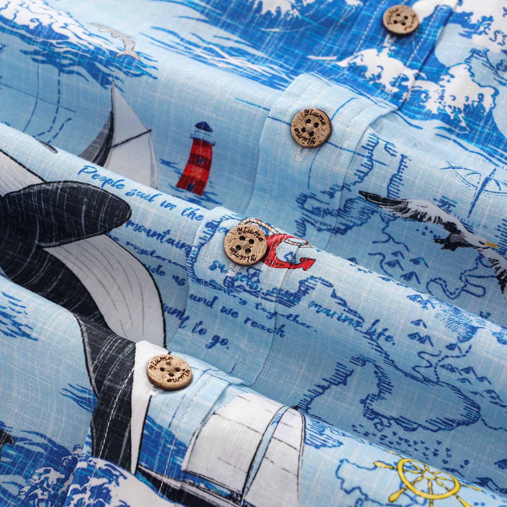 Men's Hawaiian Shirt Short Sleeve Button-down 100% Cotton White Aloha Joyful Ocean