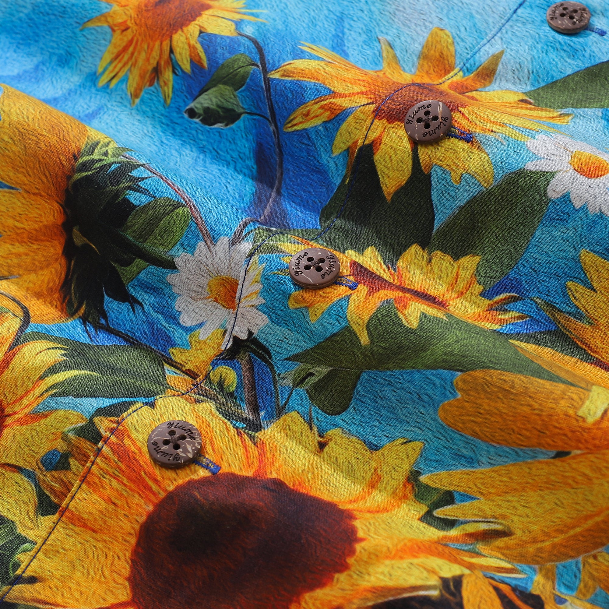 100% Cotton Hawaiian Shirt For Men Sunflowers Growing Wild Blue Camp Collar Shirt