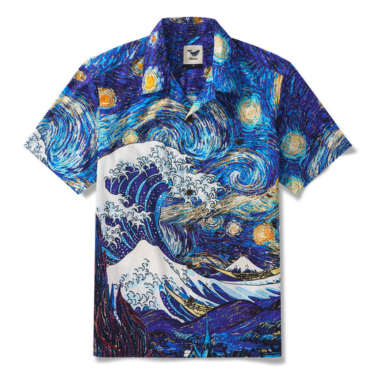 Yiume Great Wave Shirt For Men 100% Cotton Short Sleeve Camp Collar Shirt Blue Hawaiian Shirt Ocean Waves And Starlit Nights