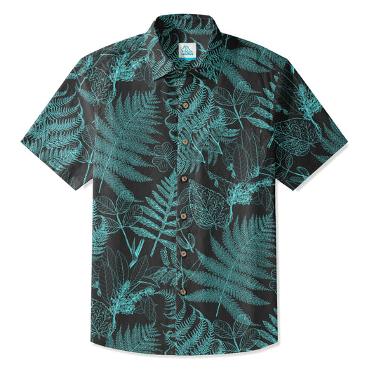 LeosWare Men's Hawaiian Shirt with fern print, 100% cotton, blue