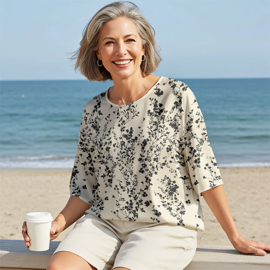 Women Casual Blouse Elbow Sleeve Crew Neck Button-Back 100% Lyocell Beige Aloha Tranquil Inkvine