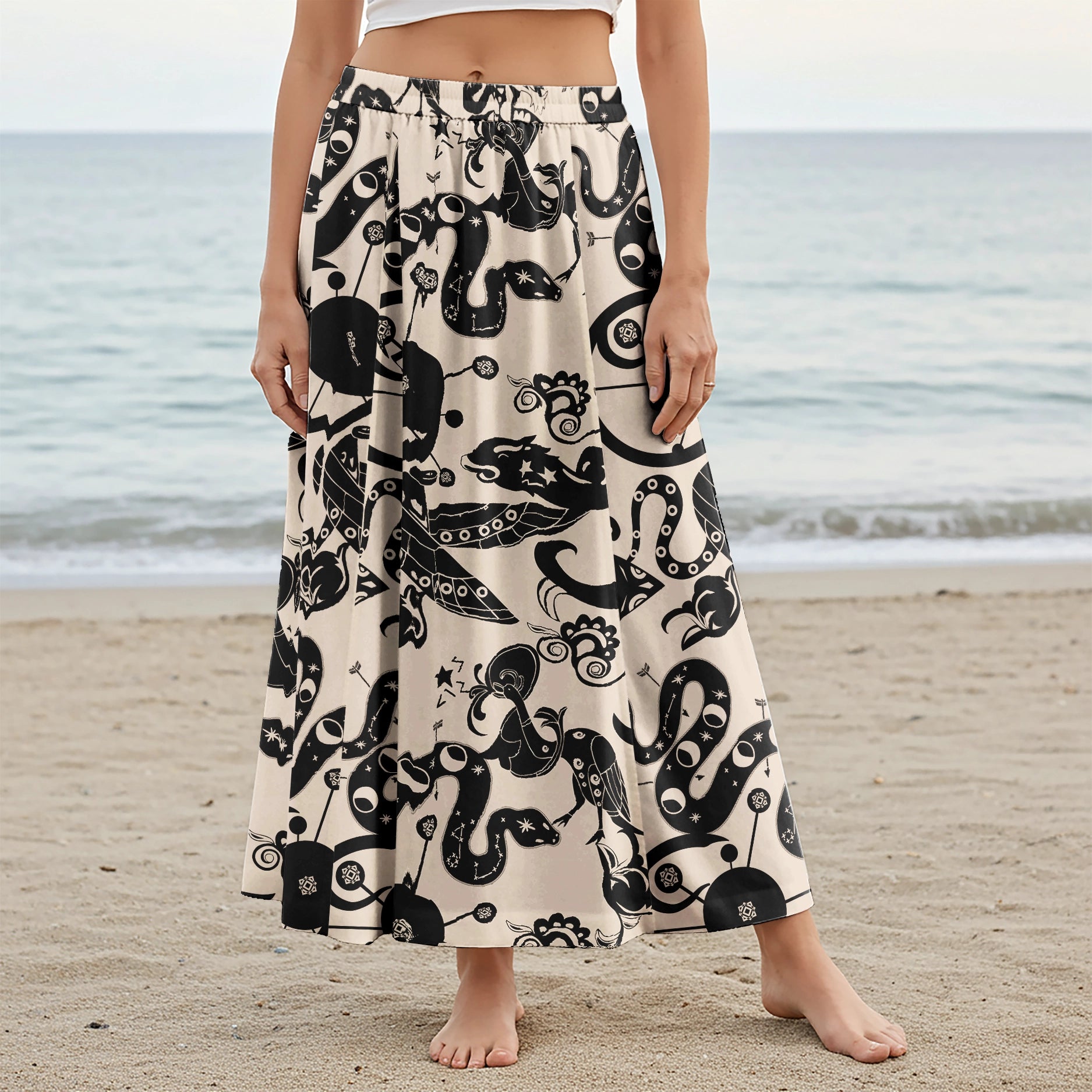 Women Casual Maxi Skirt Long Elastic Waist with Pockets 100% Cotton Black Aloha Mystical Star Trails