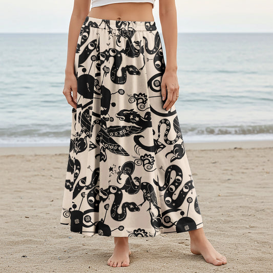Women Casual Maxi Skirt Long Elastic Waist with Pockets 100% Cotton Black Aloha Mystical Star Trails