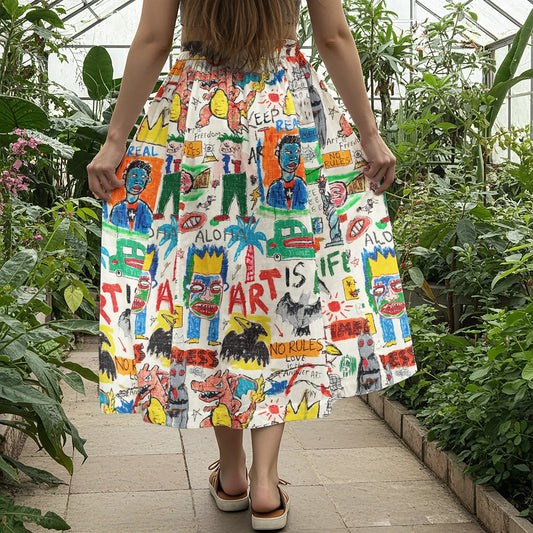 Orange Aloha Graffiti Women's Skirt with Elastic Waist and Pockets