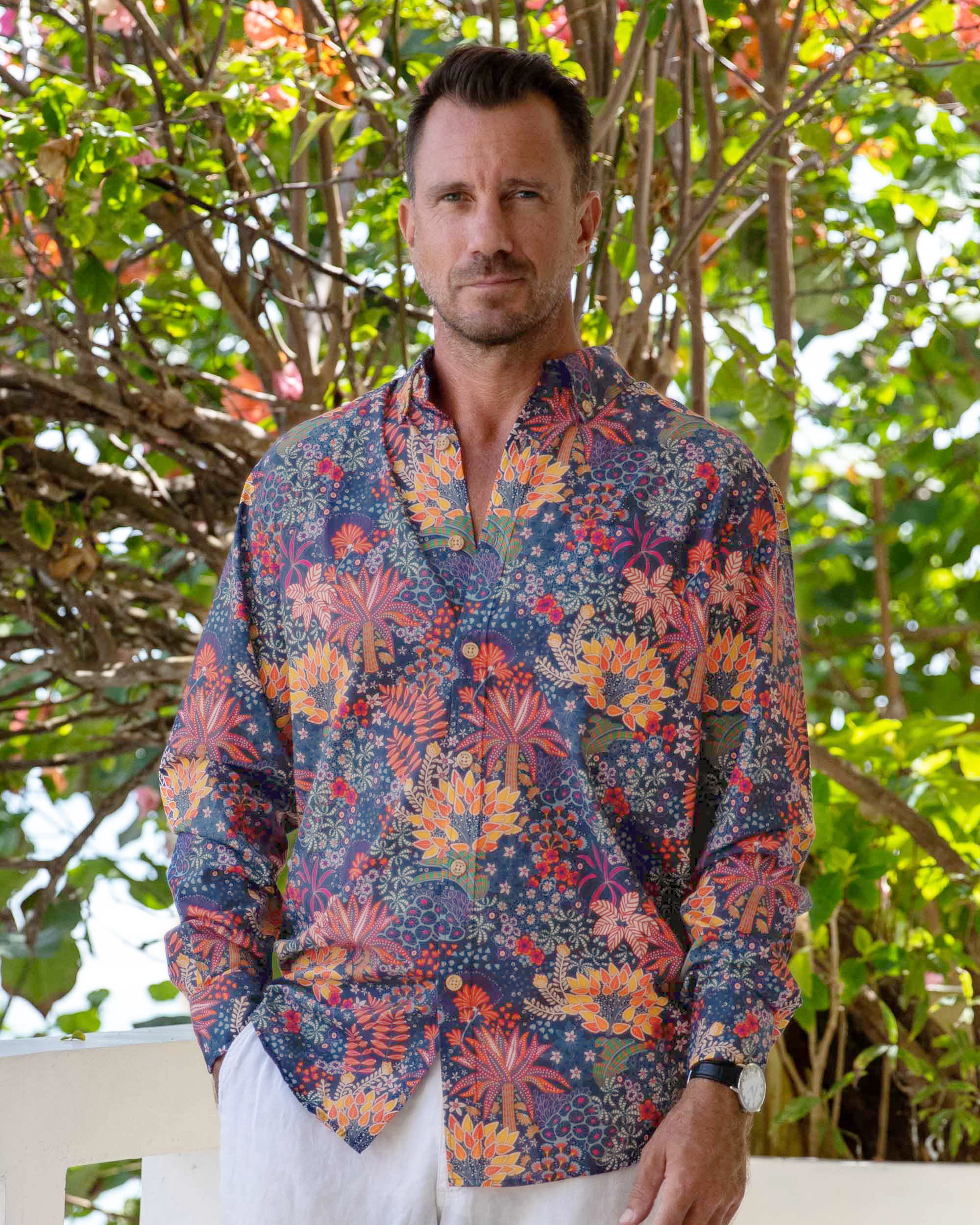 Chemise hawaïenne pour hommes Imprimé de plantes originales en coton Boutonnée à manches longues Aloha