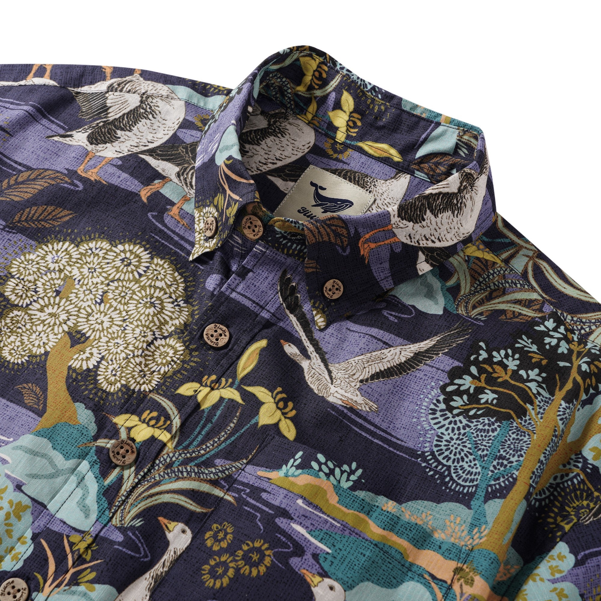 Men's Hawaiian Shirt Short Sleeve Button-down 100% Cotton Blue Aloha The Yellow Iris River By Abigail Bryan