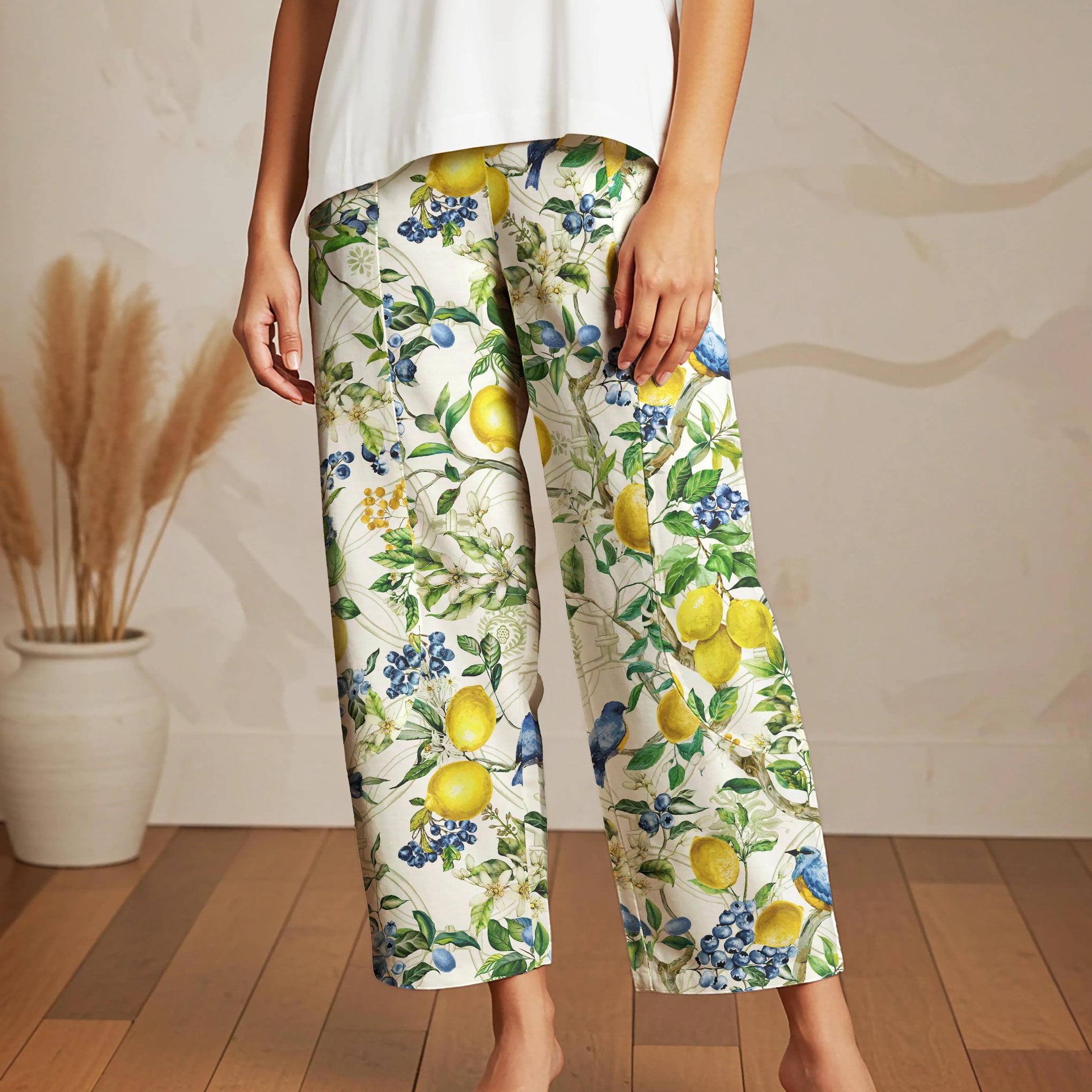 Women Casual Ankle Pants Lounge Elastic Waist with Pockets 93% Lyocell, 7% Linen White Aloha Sicilian Lemon Tree Fantasy