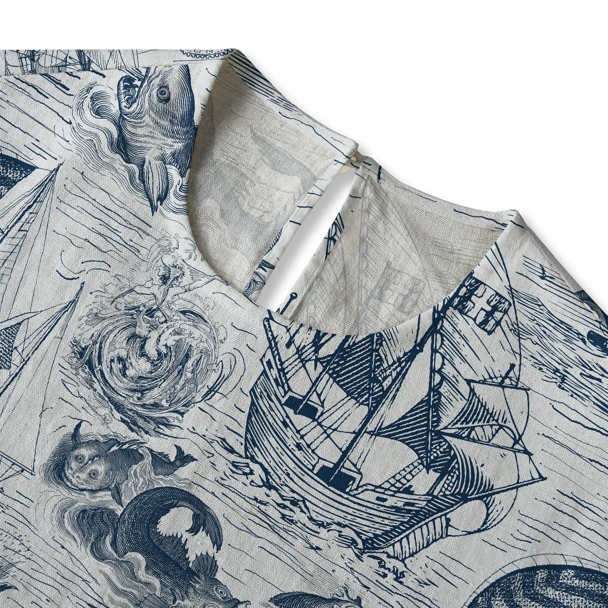 Button-back women's blouse with sailboat and sea creature print