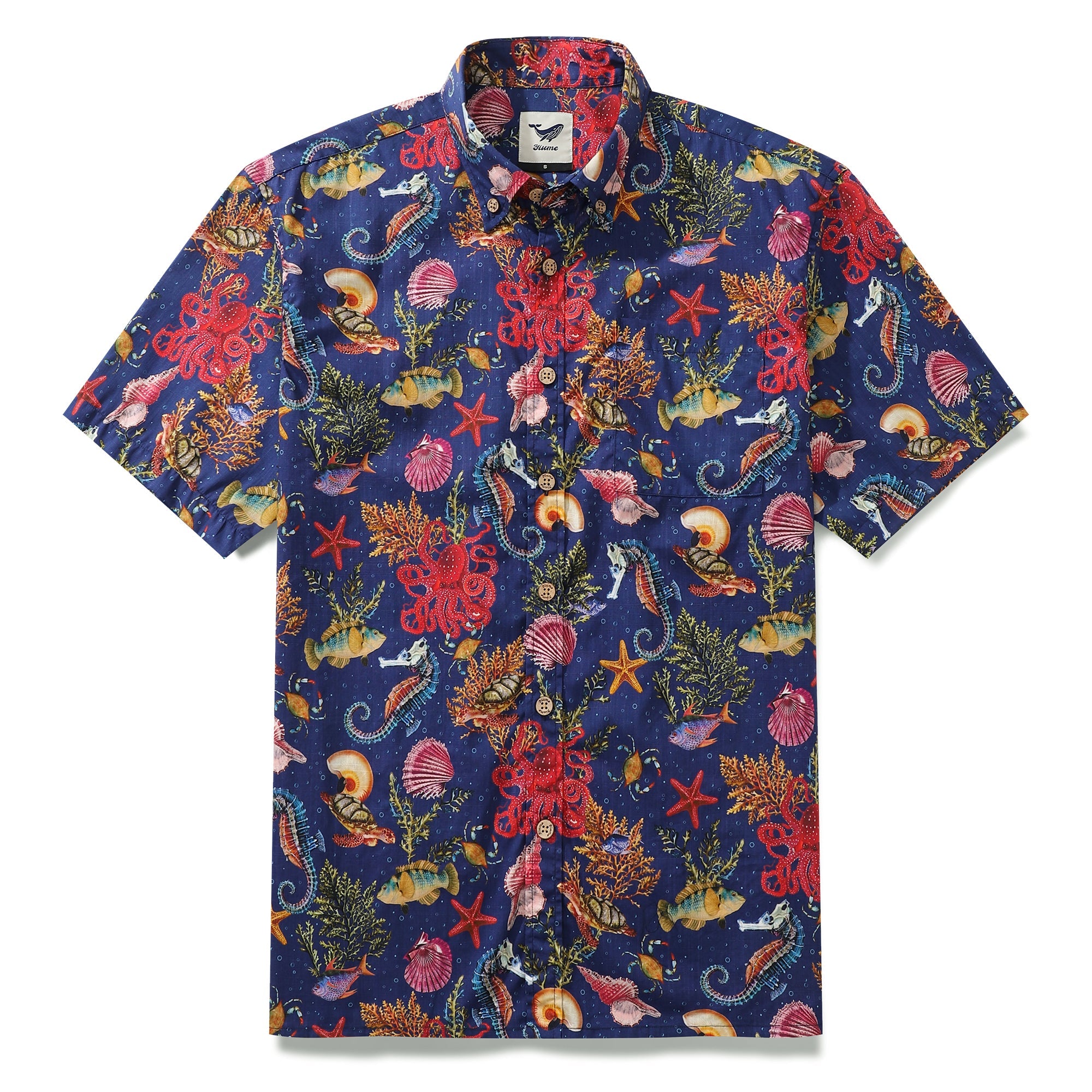 Dark Blue Fish Shirt Men's Marine Life Hawaiian Shirt Button-down Cotton Shirt Marine Life (dark Blue)