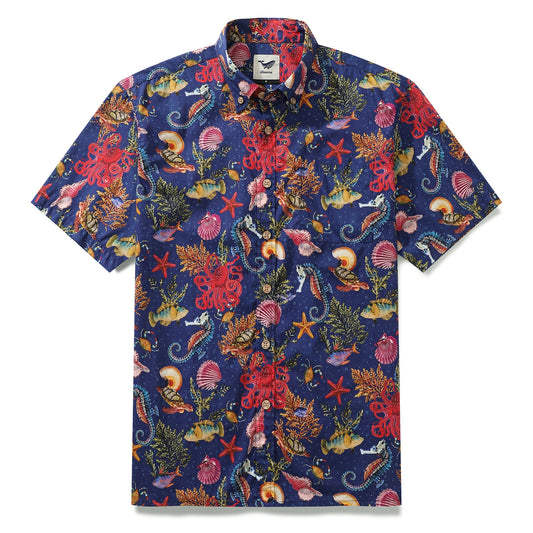 Dark Blue Fish Shirt Men's Marine Life Hawaiian Shirt Button-down Cotton Shirt Marine Life (dark Blue)
