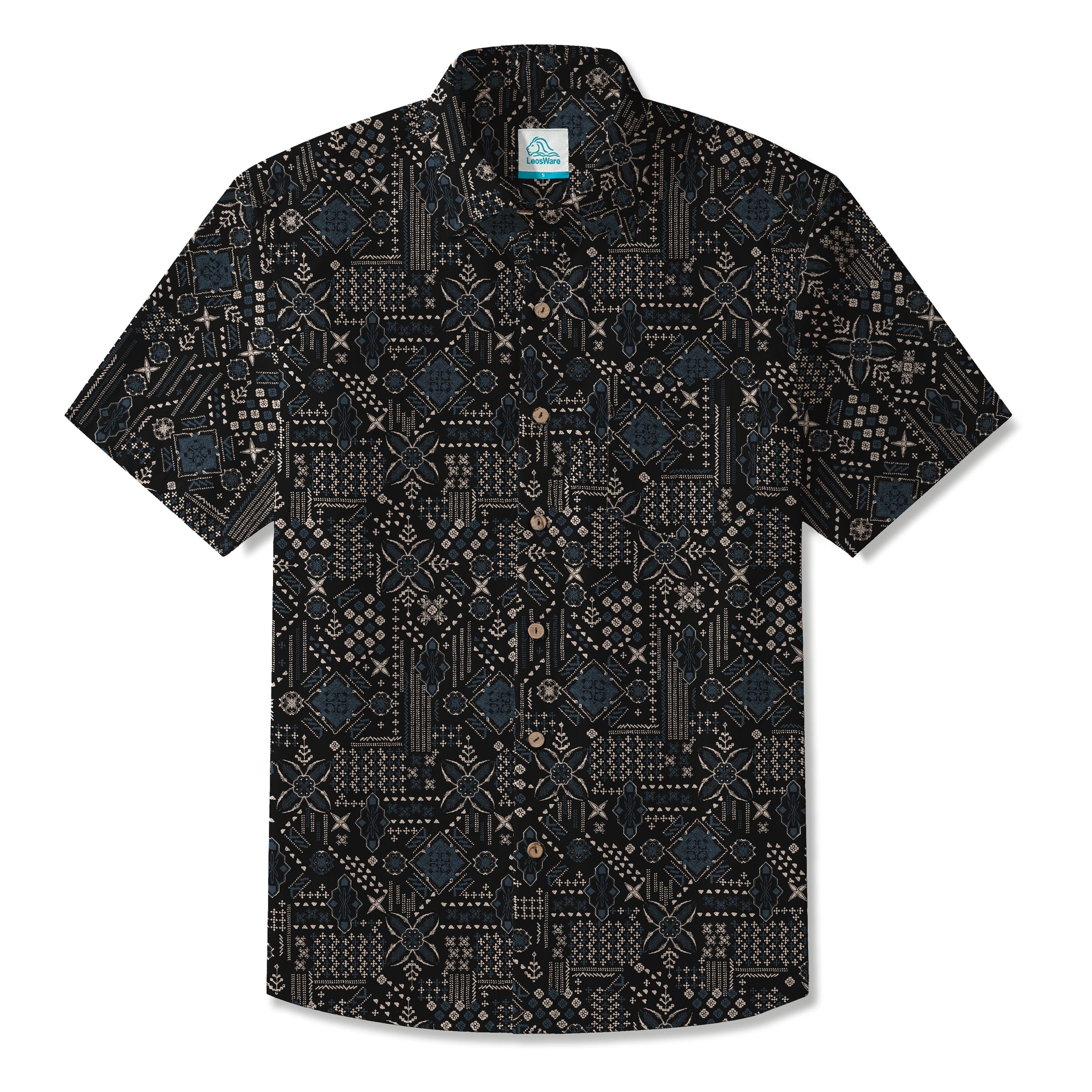 LeosWare® Men's Hawaiian Shirt Short Sleeve Button-up 100% Cotton Black Aloha Dark Geometric Art
