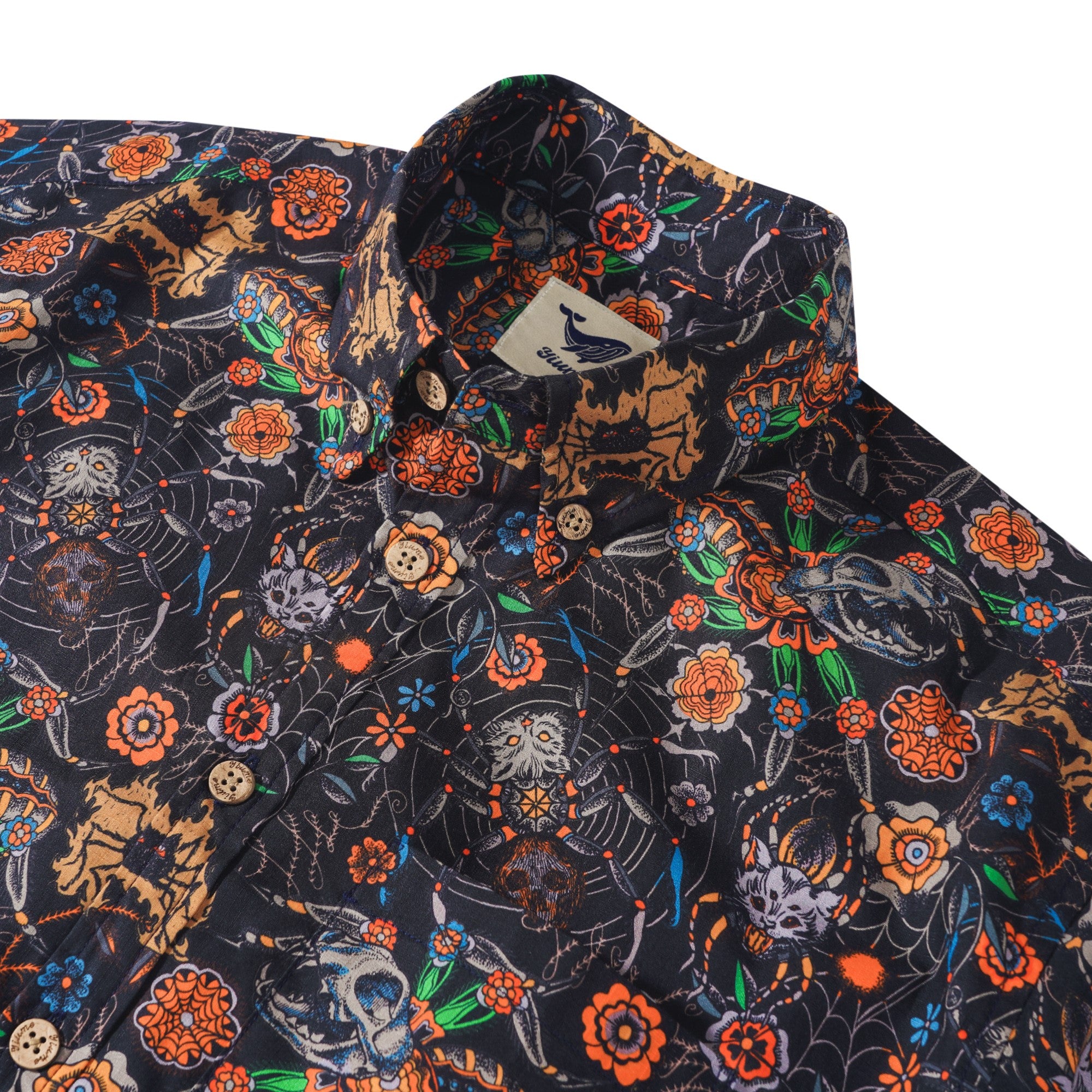 Men's Hawaiian Shirt Short Sleeve Button-down 100% Cotton Black Aloha Spider Cat