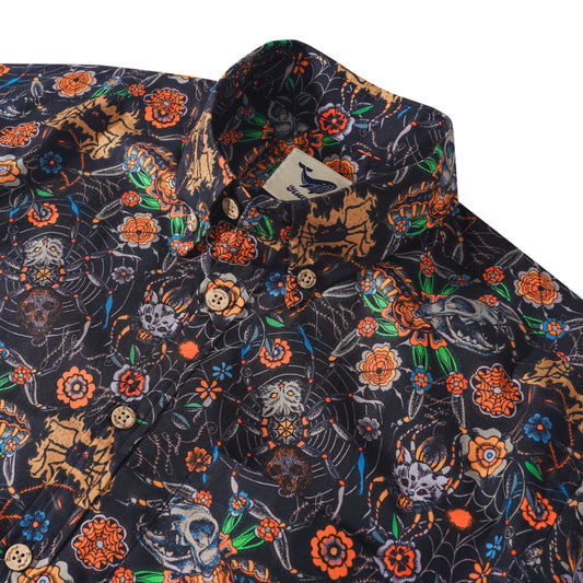 Men's Hawaiian Shirt Short Sleeve Button-down 100% Cotton Black Aloha Spider Cat