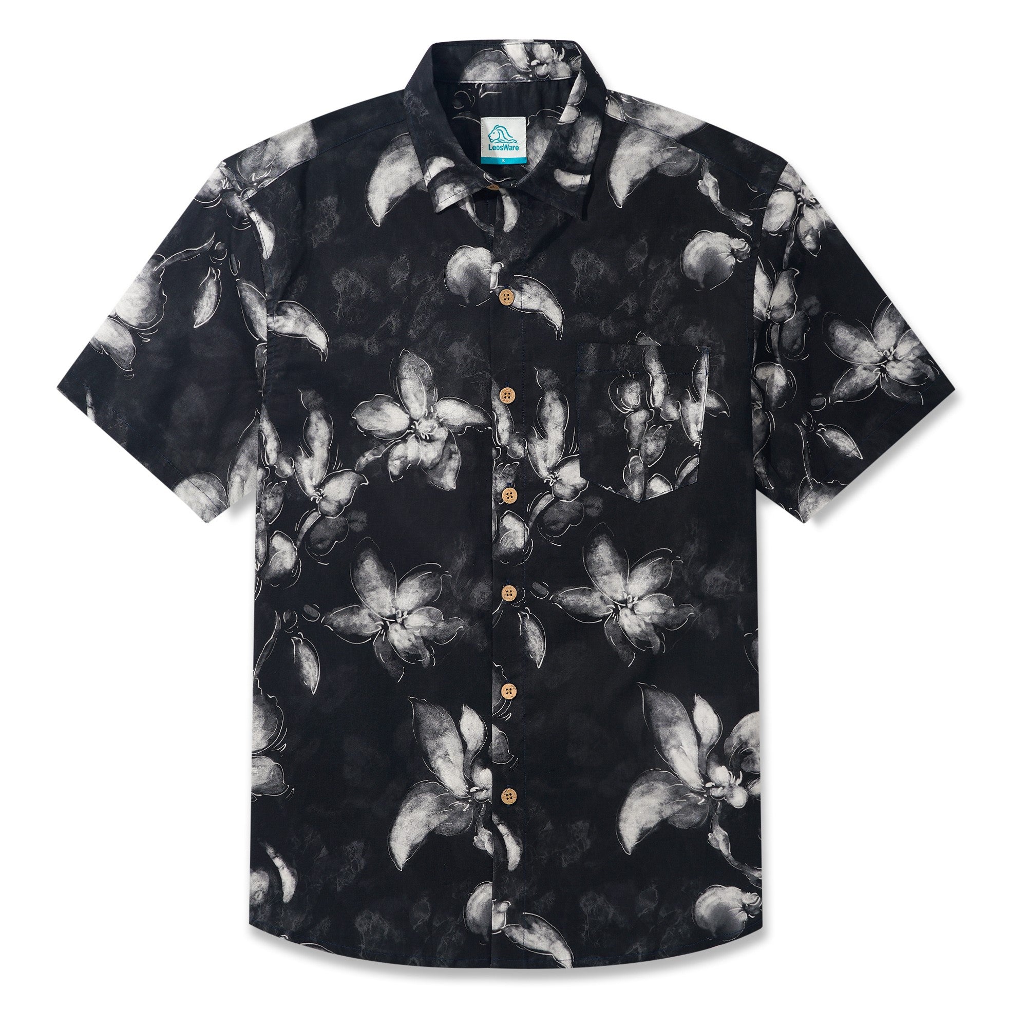 LeosWare® Men's Hawaiian Shirt Short Sleeve Button-up 100% Cotton Black Aloha Ink Wash Floral Silhouette