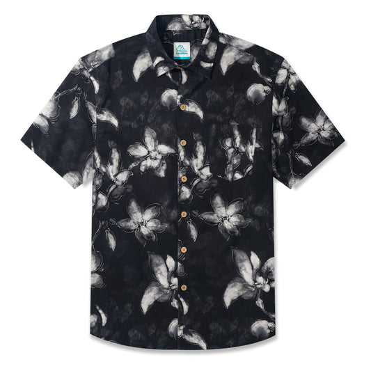 LeosWare® Men's Hawaiian Shirt Short Sleeve Button-up 100% Cotton Black Aloha Ink Wash Floral Silhouette