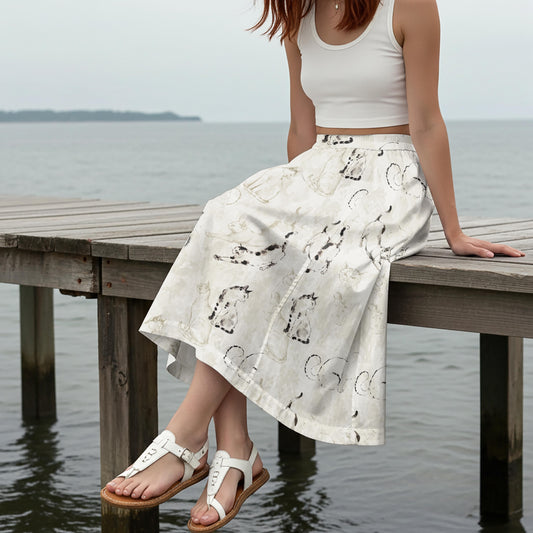 Women Casual Maxi Skirt Long Elastic Waist 100% Cotton Gray Aloha Cat's Delight