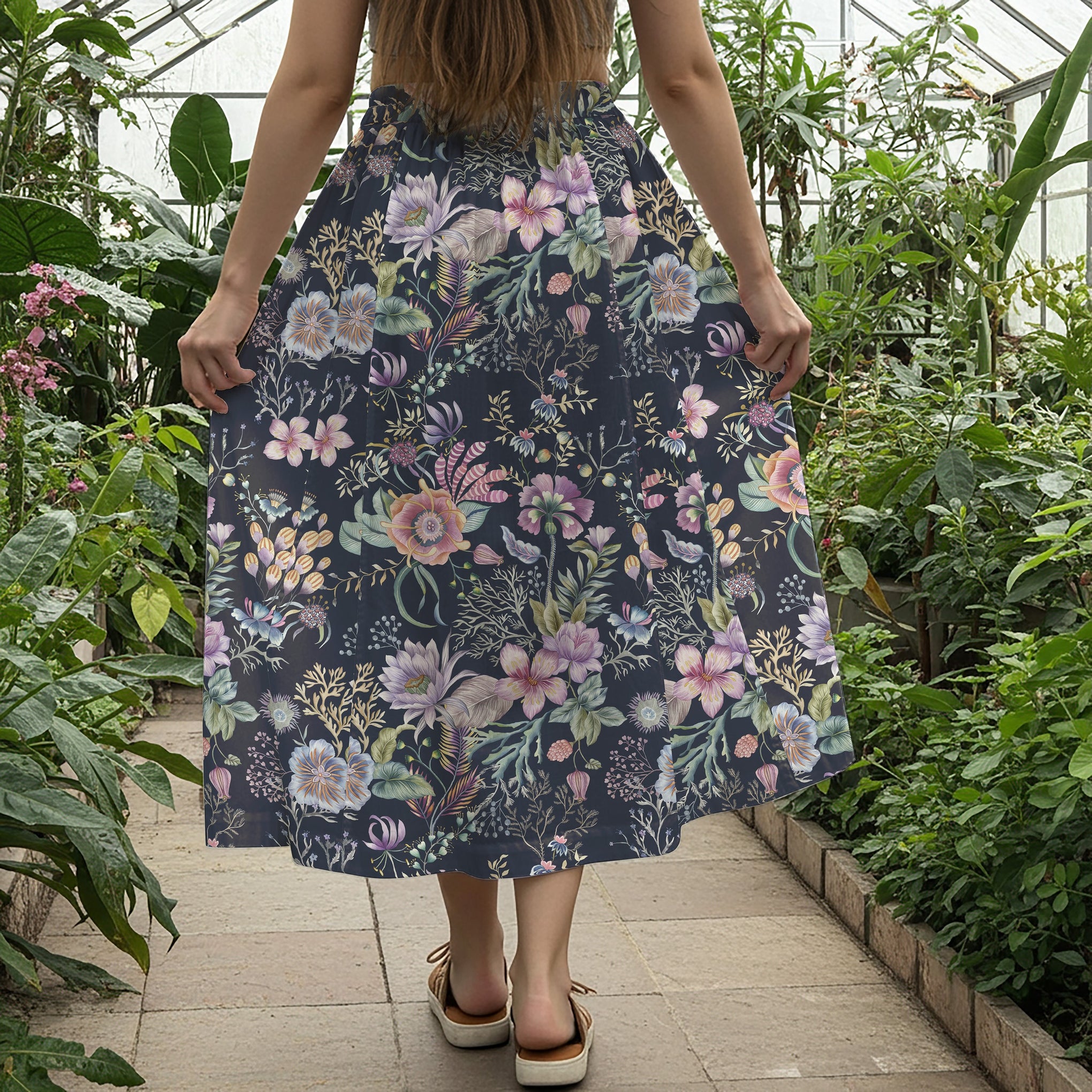 Women Casual Maxi Skirt Long Elastic Waist with Pockets 100% Cotton Blue Aloha Night Blossom Dream