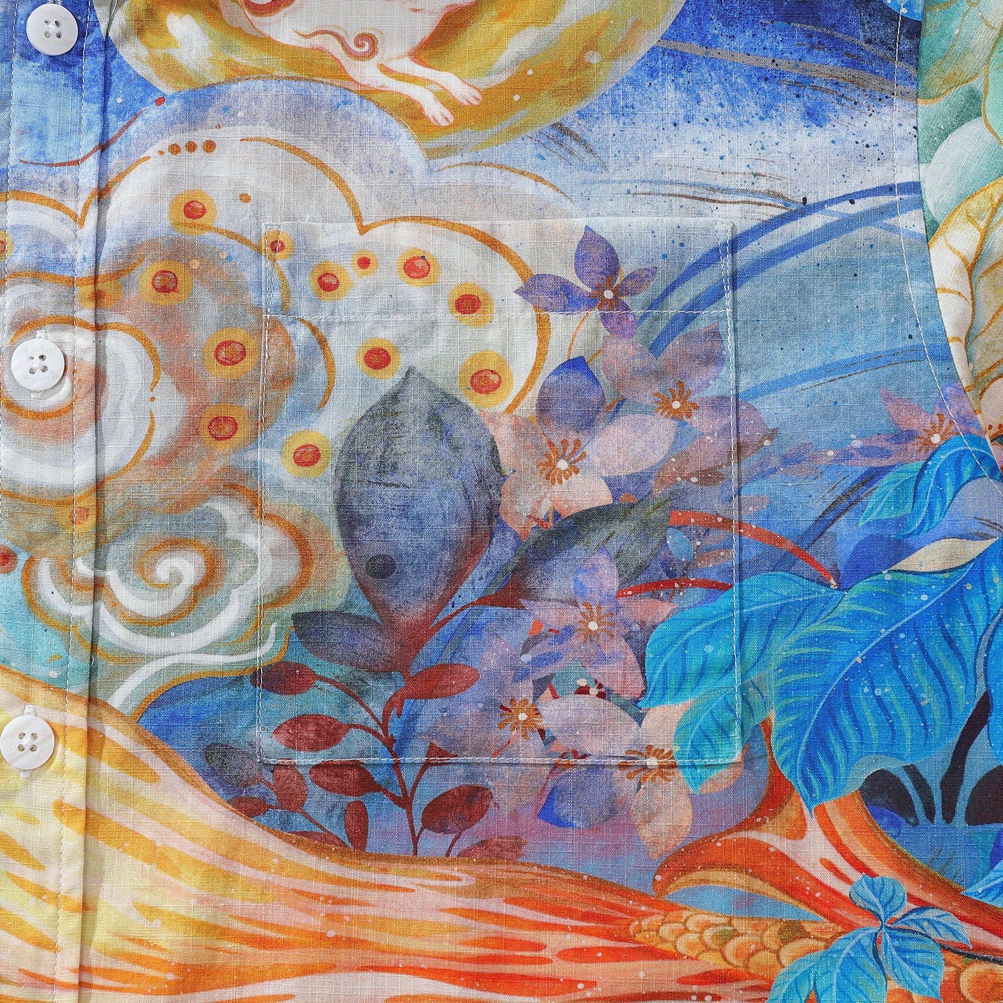 Yiume Men's Designer Hawaiian Shirt Cloud-wandering Koi Print Cotton Blue Aloha Shirt