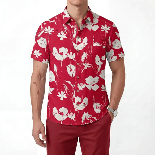 Red floral Hawaiian shirt, 100% cotton, men's fashion