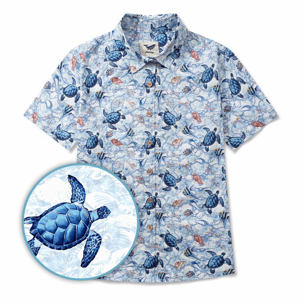 Women's Hawaiian Shirt Short Sleeve Button-up 100% Cotton Blue Aloha Wandering Turtle