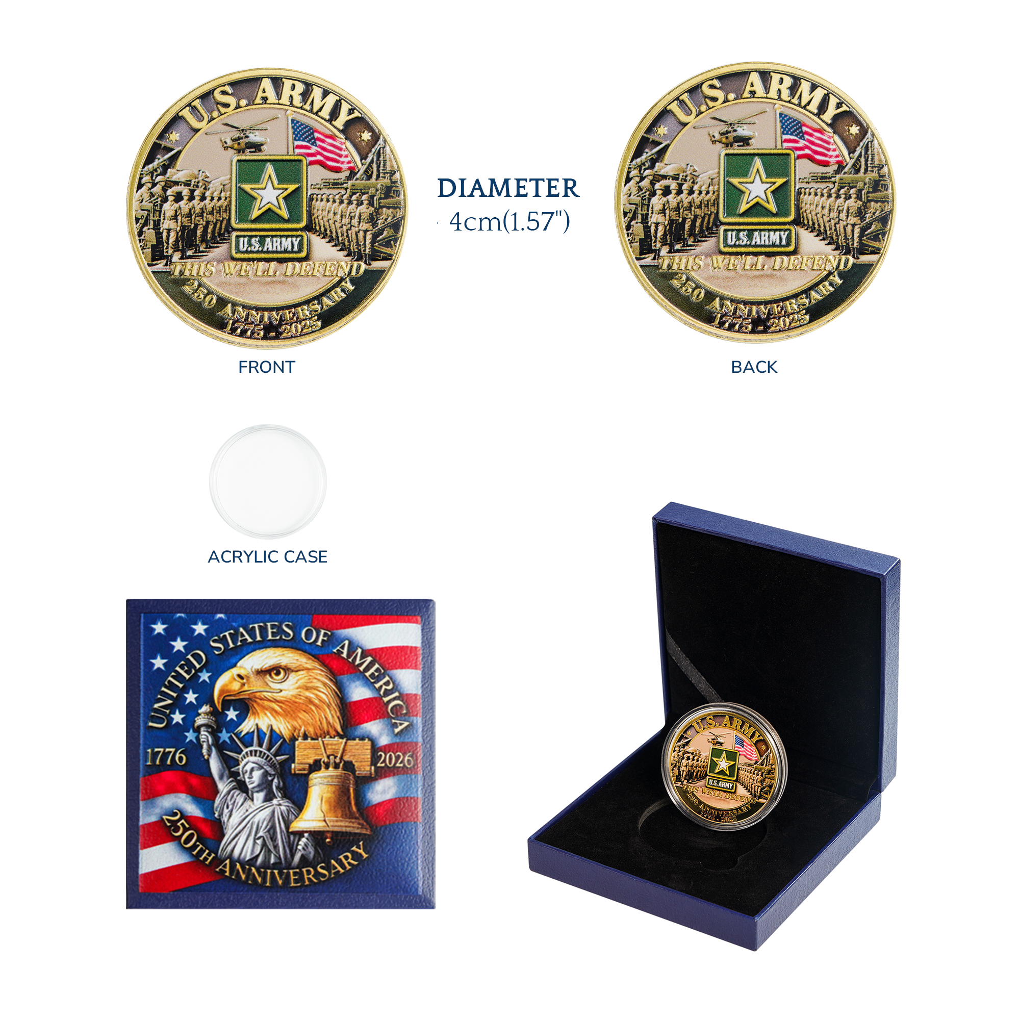 Double-sided US Military 250th Anniversary coin