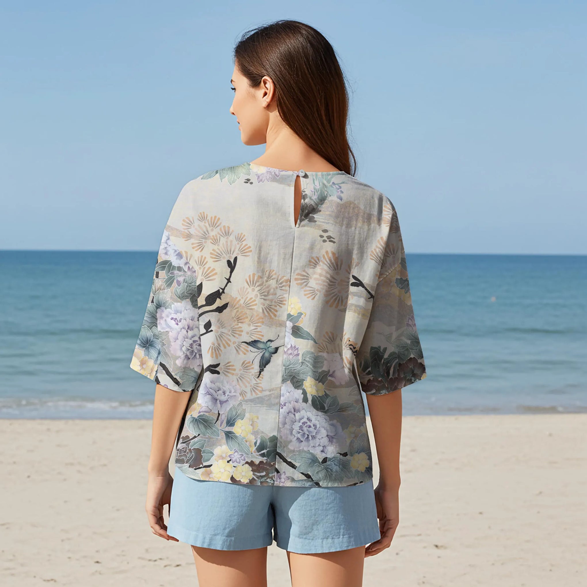 White Printed Cotton Silk Blouse with Elbow Sleeves with Round Back cutout main image 1