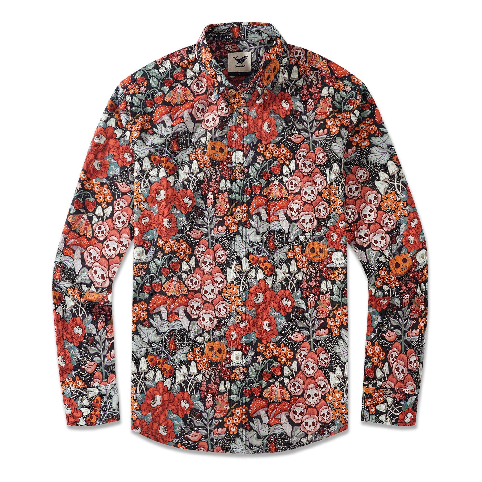 Men's Hawaiian Shirt Long Sleeve Button-down 100% Cotton Green Aloha Halloween Cottage Garden By Bienvenido Colorido