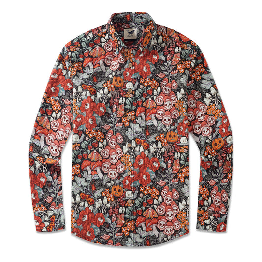 Men's Hawaiian Shirt Long Sleeve Button-down 100% Cotton Green Aloha Halloween Cottage Garden By Bienvenido Colorido