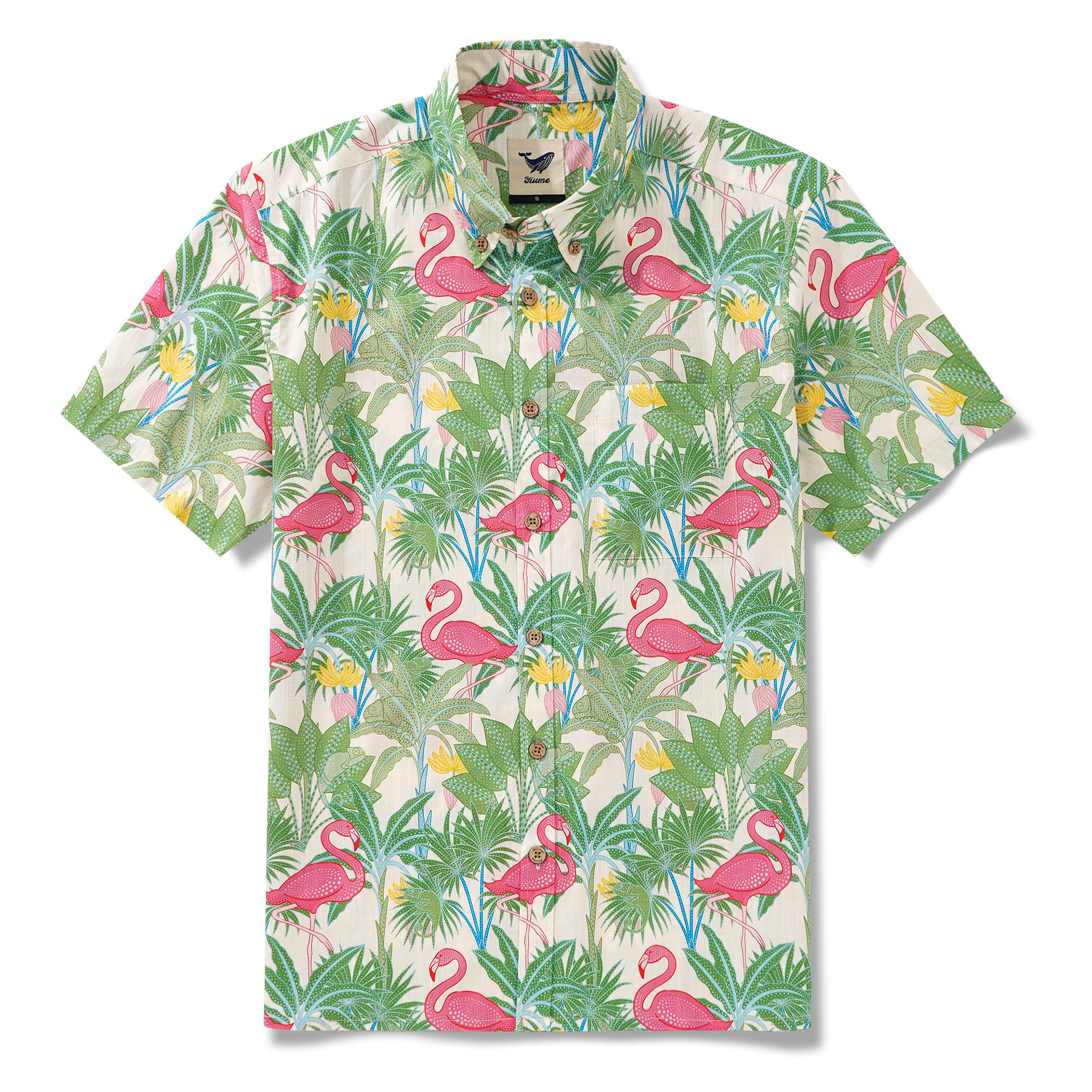 Herren-Hawaiian-Hemd Kurzärmel Button 100% Baumwolle Beige Aloha Flamingos & Chameleons von House of Haricot