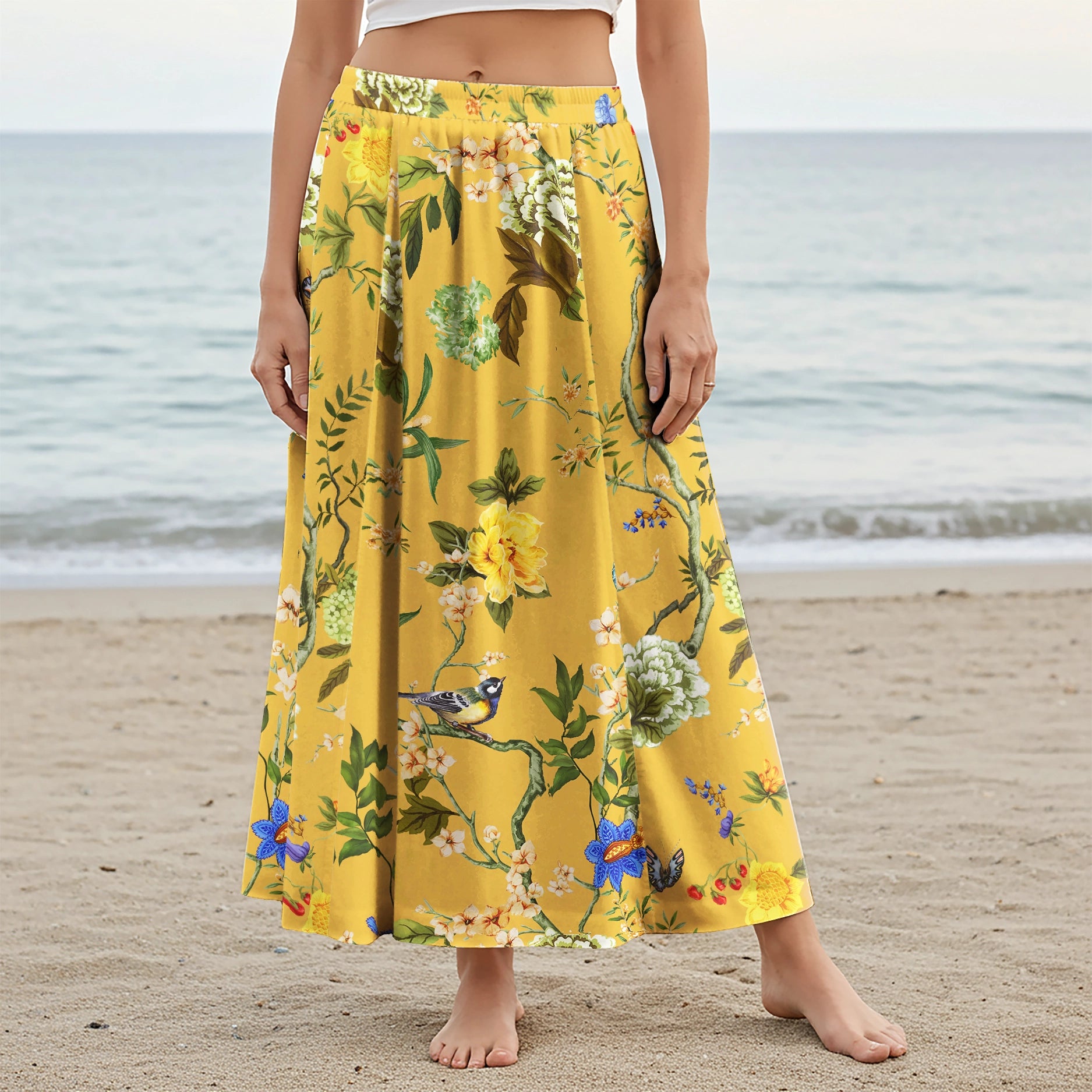 Women Casual Maxi Skirt Long Elastic Waist with Pockets 100% Cotton Yellow Aloha Turmeric Courtyard Blossom