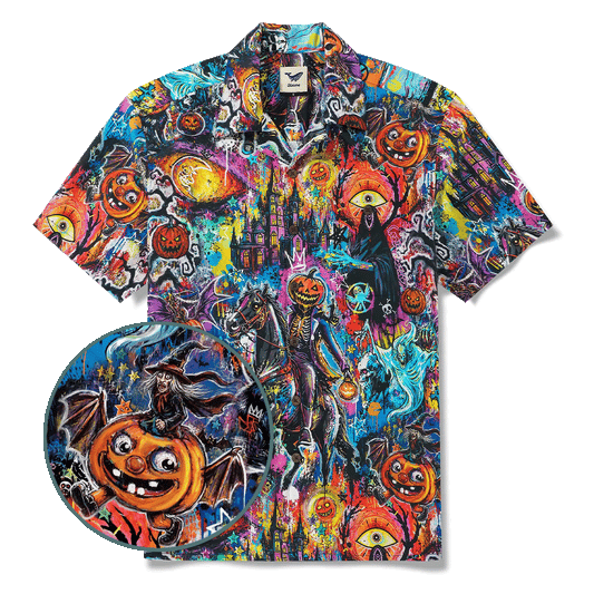 Men's Hawaiian Shirt, Halloween Doodle, Black, Cotton