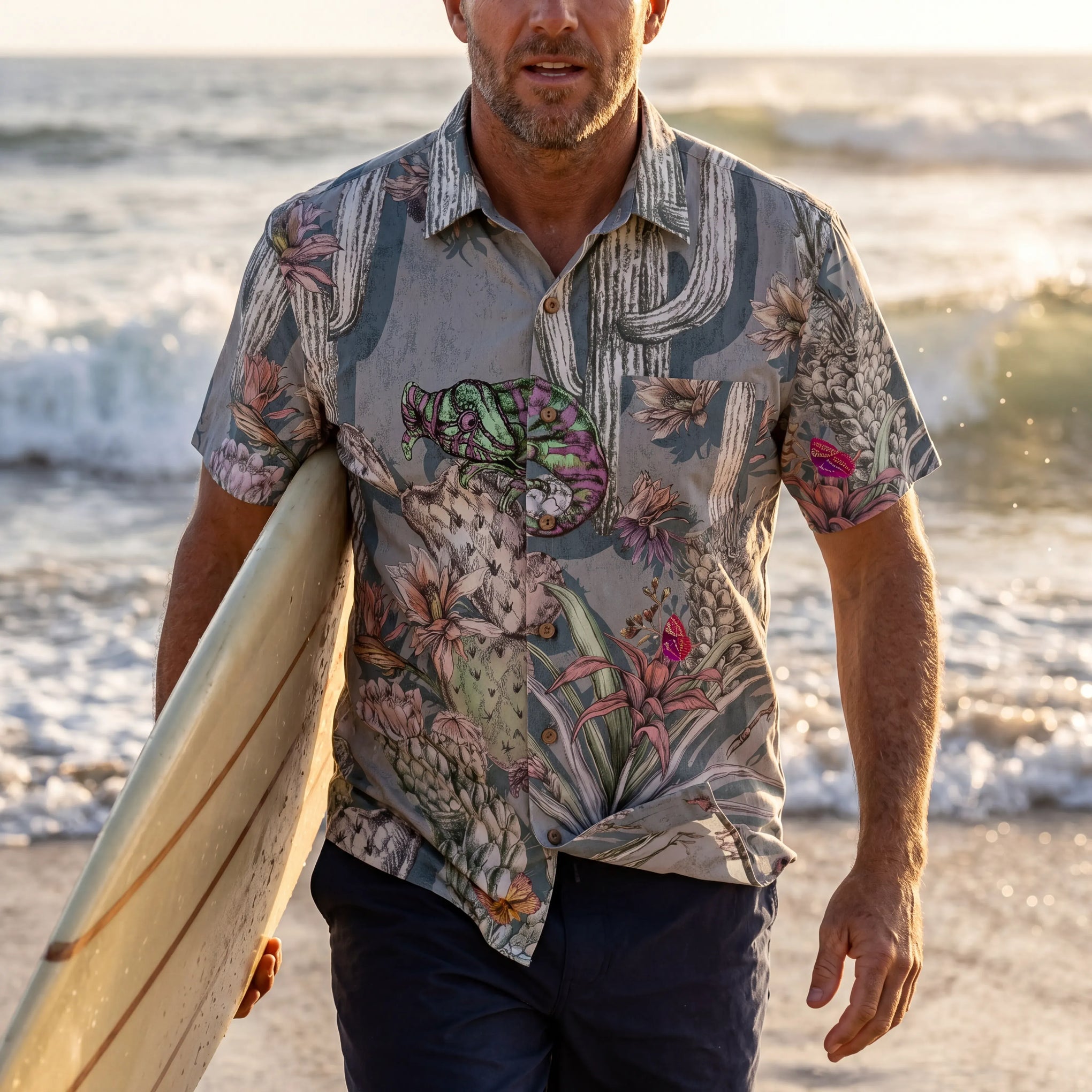 Gray Hawaiian shirt with desert-inspired design, short sleeve