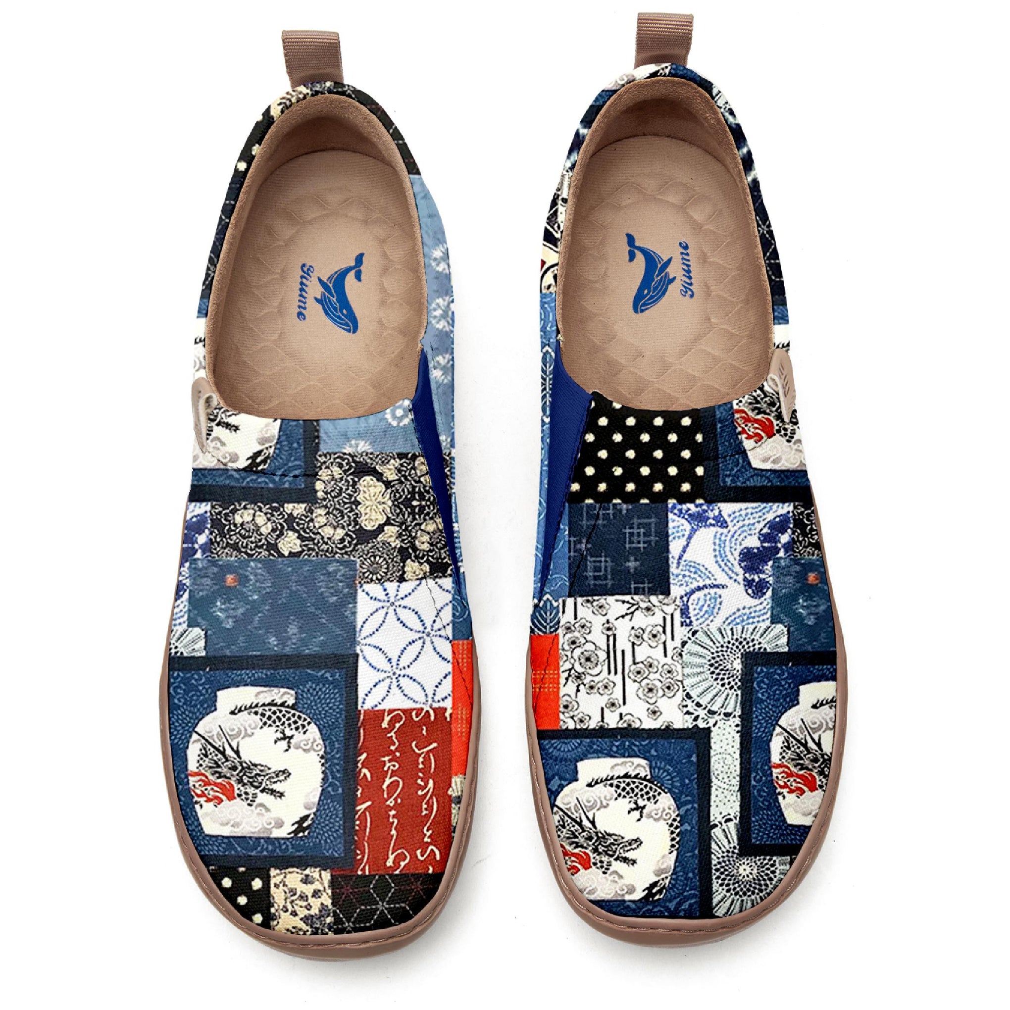 Yiume Frauenkunst Slip-on lässig Canvas-Schuhe Japanisches Patchwork gestrichen, 100% Baumwollblau, japanisch inspiriertes Hemd