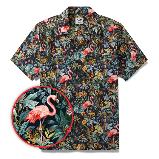 Hawaiian shirt with flamingo print, camp collar