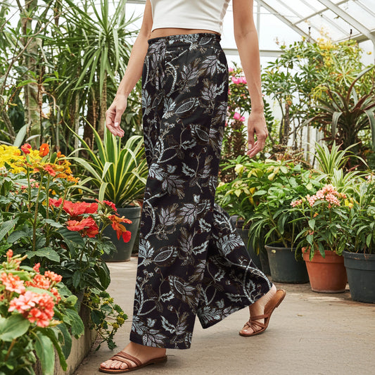 Women Casual Pants Lounge Elastic Waist Drawstring with Pockets 100% Cotton Blue Aloha Fashionable Dark Floral Garden