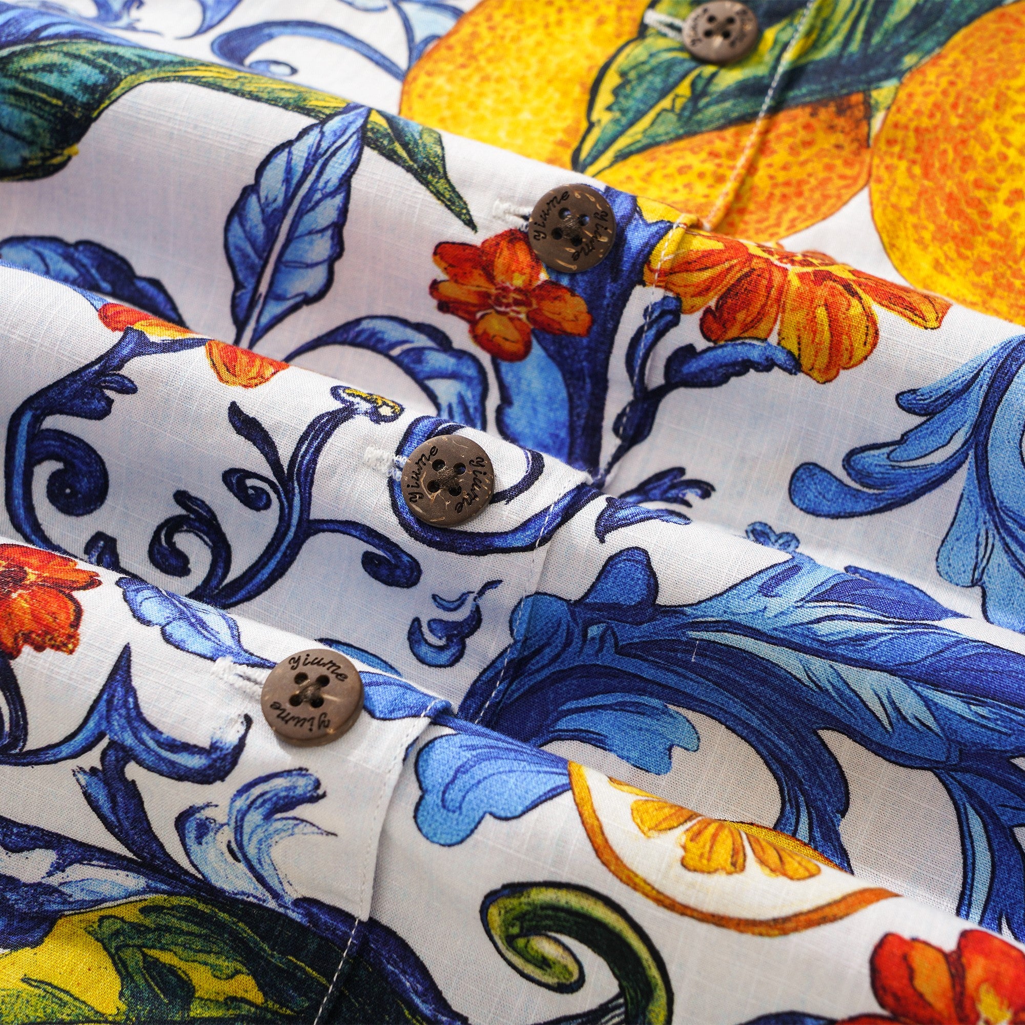 Women's Hawaiian Shirt Blue Aloha Lemon Sicily Cotton Camp Collar Short Sleeve