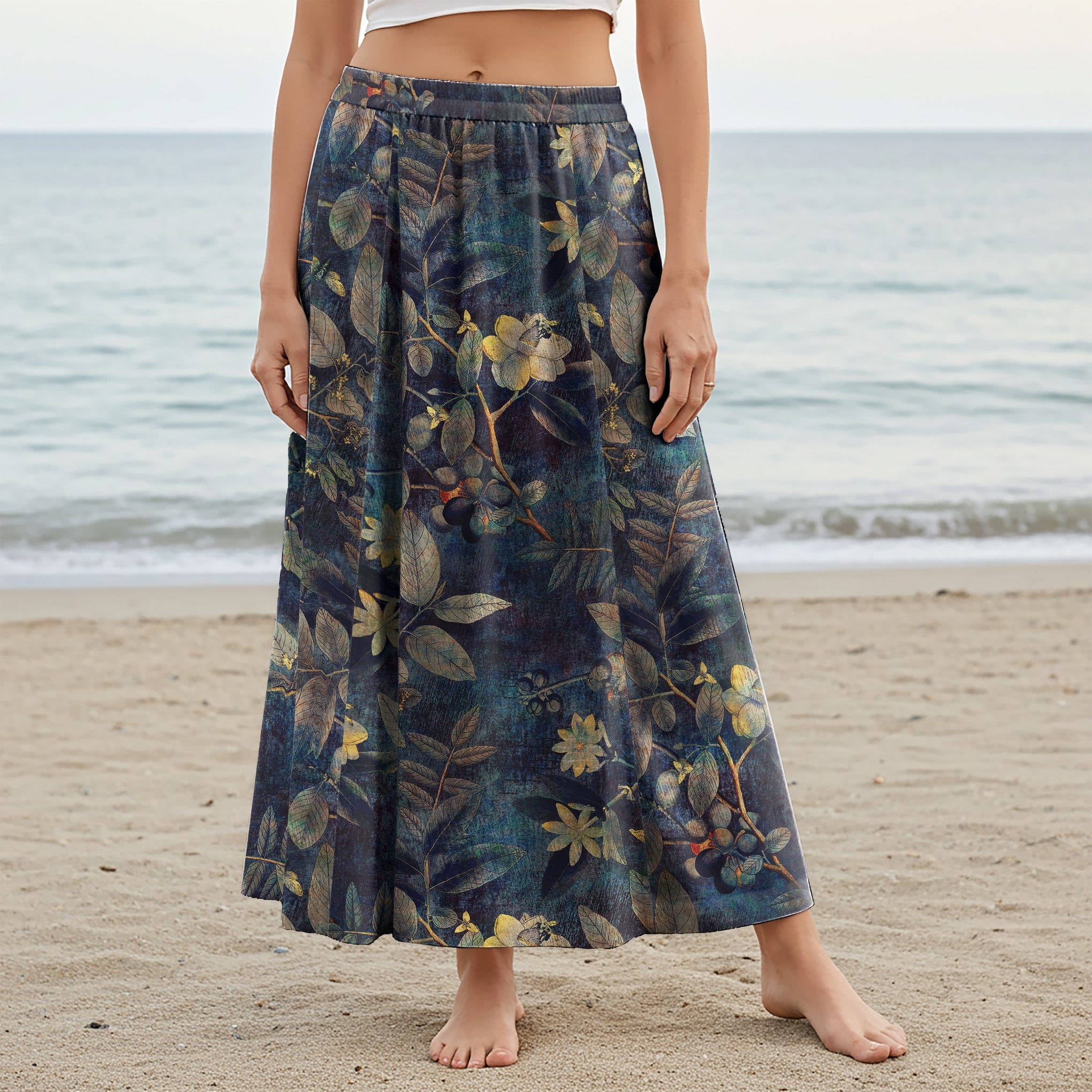 Women Casual Maxi Skirt Long Elastic Waist with Pockets 100% Cotton Green Aloha Atmospheric Plant Whispers