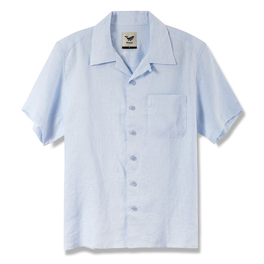 Men's Basic Shirt Short Sleeve Camp Collar 100% Linen Light Blue Solid Color