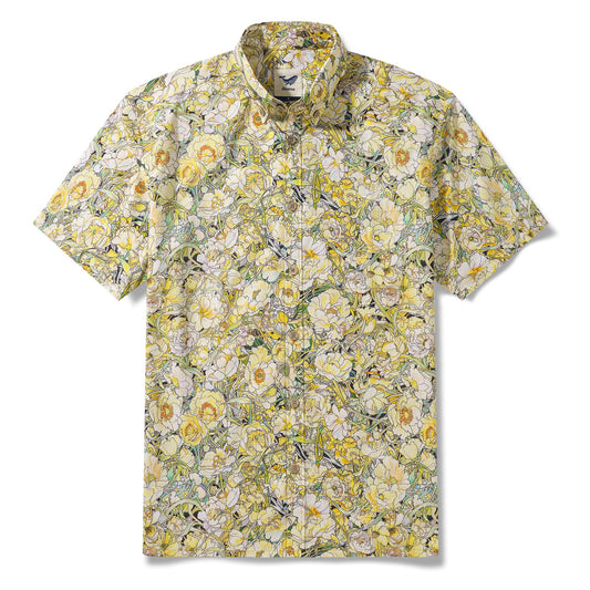 Floral Hawaiian Shirt 100% Cotton Men's Short Sleeve Button-down Yellow Aloha Shirt Lush Blossoms And Leaves