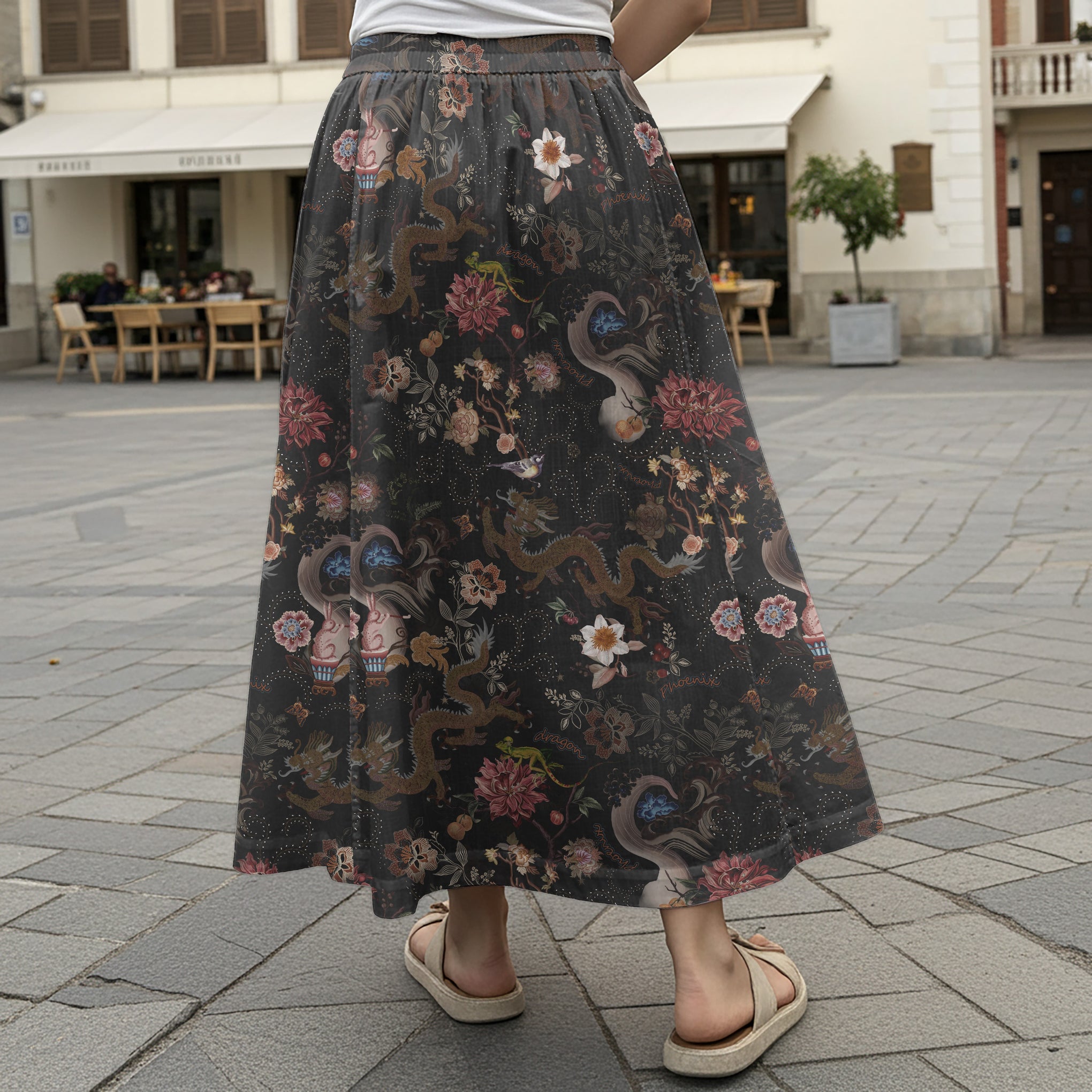 Women Casual Maxi Skirt Long Elastic Waist with Pockets 100% Cotton Black Aloha Ink Charm Eastern Dream